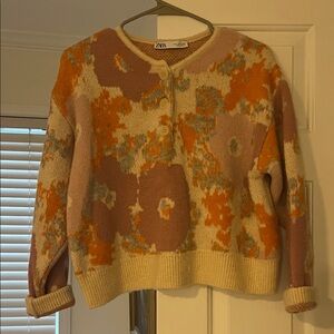 ZARA Pink, Orange & Cream Abstract Knit Button-Up Cardigan